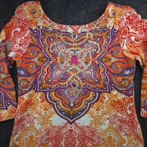Joyous & Free Tunic Womens Medium Orange Paisley Sequin 3/4 Sleeve Boho Top